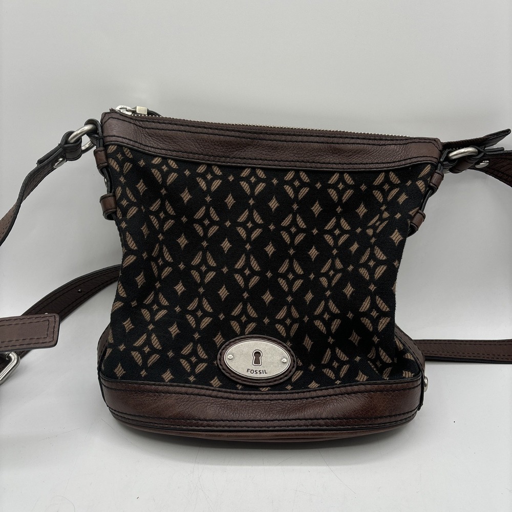 Fossil Maddox Black Brown Canvas Leather Bucket Shoulder Bag Vintage‎
